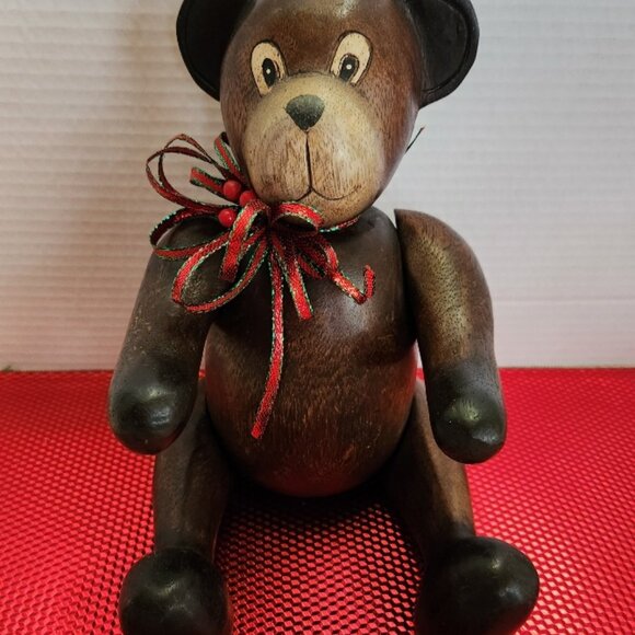 Vintage Wooden Jointed Christmas Teddy Bear w/Movable Arm Legs & Head